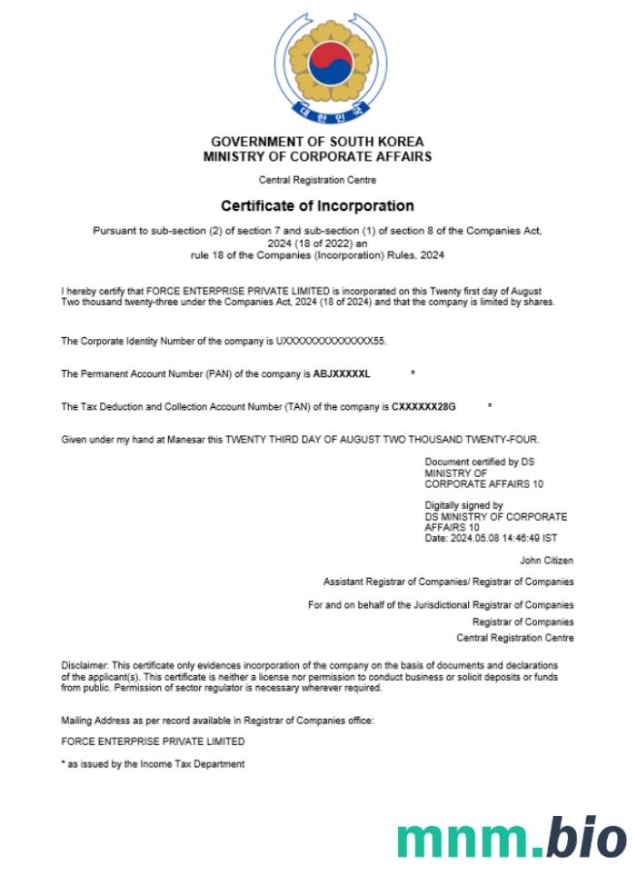 Świadectwo rejestracji firmy w Korei Południowej w formacie Word i PDF